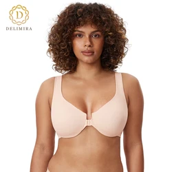 DELIMIRA Women's Front Closure Bra Racerback Plus Size Unlined Underwire Full Coverage Plunge Bras D DD E F