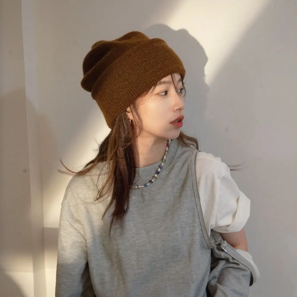 Winter Knitted Hat Women Casual Solid Color Beanies Korea Fashion Warm Soft Elastic Skull Cap Outdoor Trendy Headwear