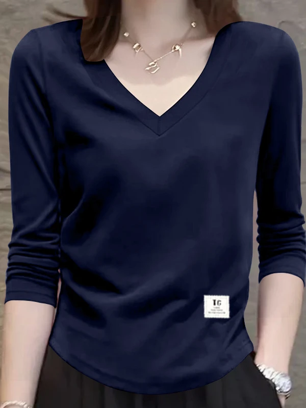 2025년 신상 여성용 면 긴팔 티셔츠 V넥 허리 조임 패셔너블 다용도 슬림 베이스 레이어 탑 한국 스타일
