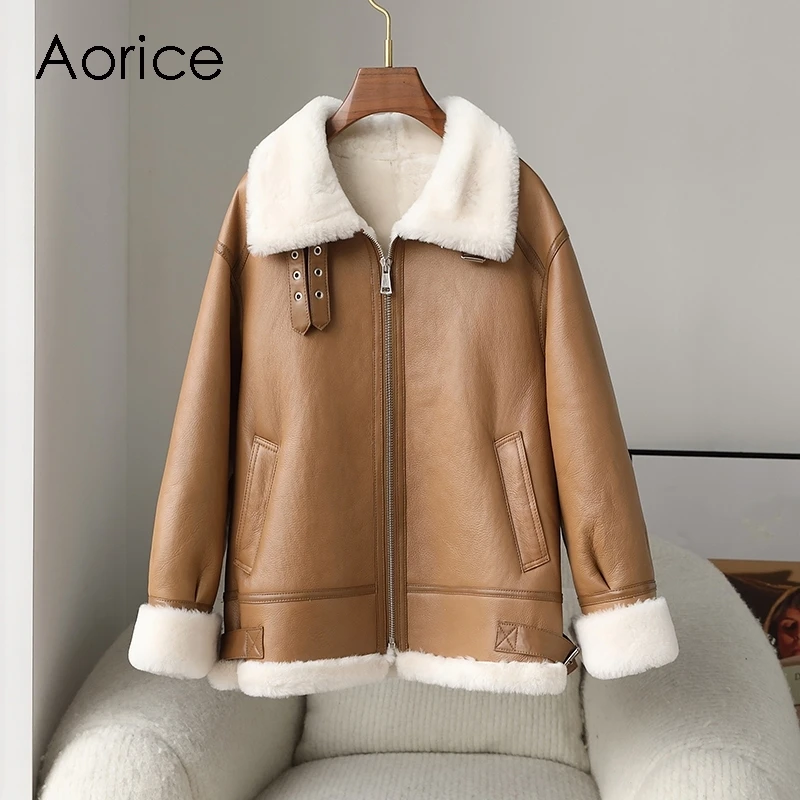 

Aorice Fashion Genuine Leather Winter Warm Jacket With Real Wool Fur Lining New Design Coat CT330