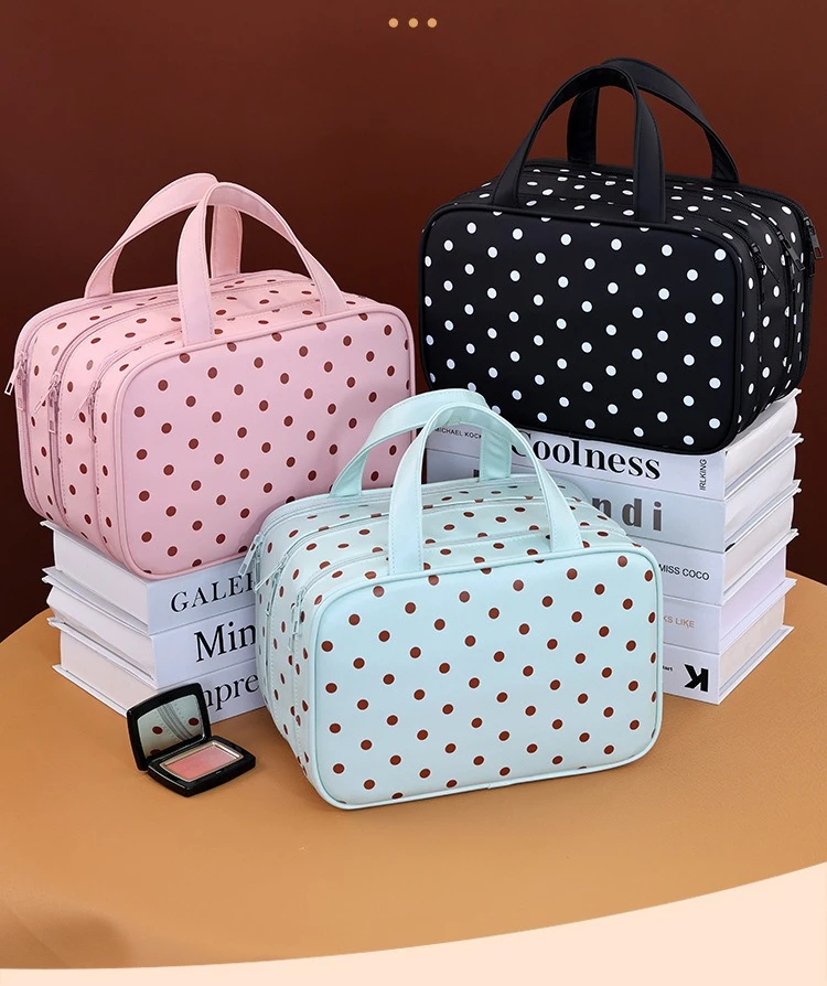 Polka Dot Make-up-Tasche mit großem Fassungsvermögen, tragbarer Reise-Kosmetik-Organizer, wasserdichte Hand-Kulturtasche für Damen – Detail 10