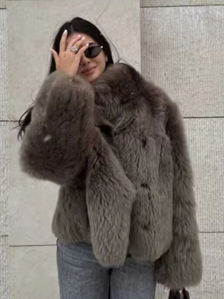 

HH Women Winter Fashion Warm Faux Fur Effect Single-breasted Jacket Women Stand-up Collar High Street Long Sleeve Short Coat