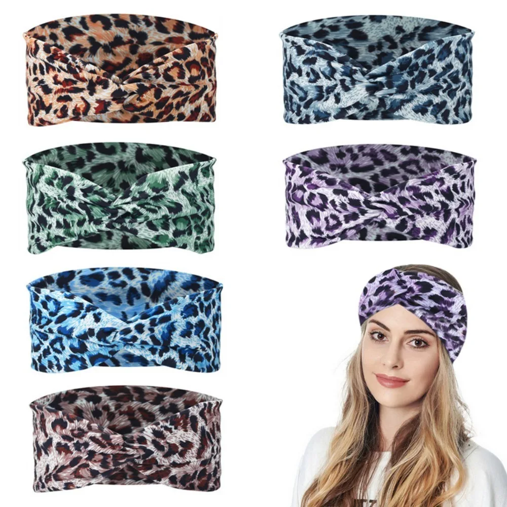 

Wide Elastic Hairbands Leopard Print Head Wraps for Women Cotton Knotted Non Slip Boho Turban Workout Hair Accessories Headbands