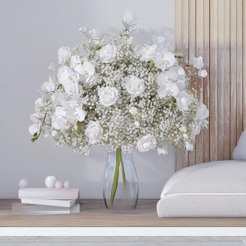 

Белый гипсофила, роза, шелковый цветочный шар, настраиваемый размер, свадебный прием, центральная часть стола, юбилей, декор для мероприятий на заднем дворе