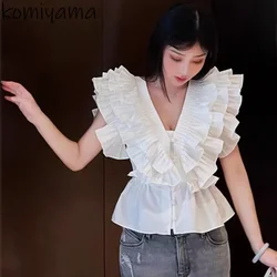 V-neck Blusas Tunic Hem Camisas Cascading Ruffle Shirts Blouses Korean Chic Button Design Ropa Mujer 2024 Summer New Tops