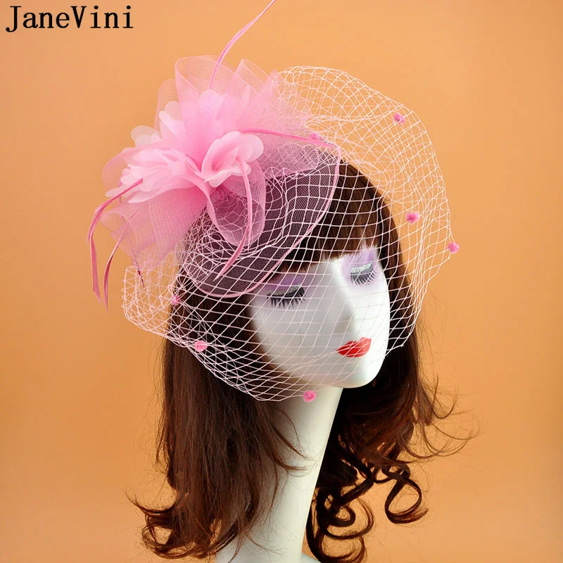 

JaneVini Pink Feathers Bride Headwear Covering Face Veil Fascinator Wedding Bridal Hat Cocktail Party Flower Hair Accessories