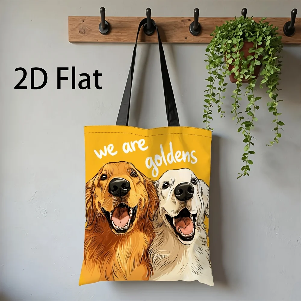 1pc Tote Bag with 2D Flat Effect, Trendy Illustration Style on a Bright Yellow Background, Featuring Two Happy Laughing Golden R