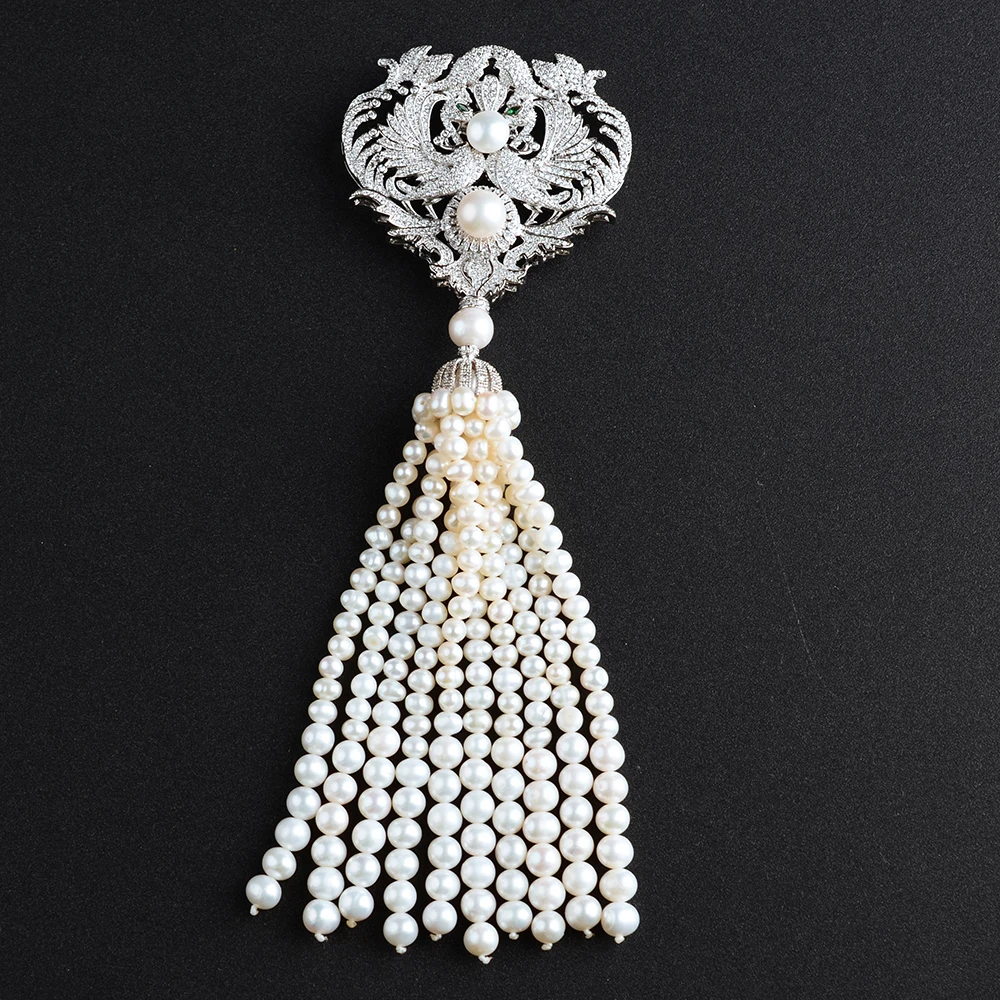 White Pearl Gold Plated CZ Micro Pave Double Phoenix Charm Tassels Brooch