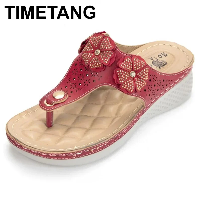 TIMETANGSummer Women Flip Flops Fashion Rhinestone Flowers Beach Sandals Solid Color Wedges Outdoor Slippers Casual Ladies Shoes