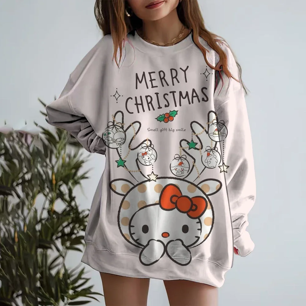 Sudadera con estampado bonito de Hello Kitty para mujer, moda de otoño, sudadera informal holgada con cuello redondo para mujer