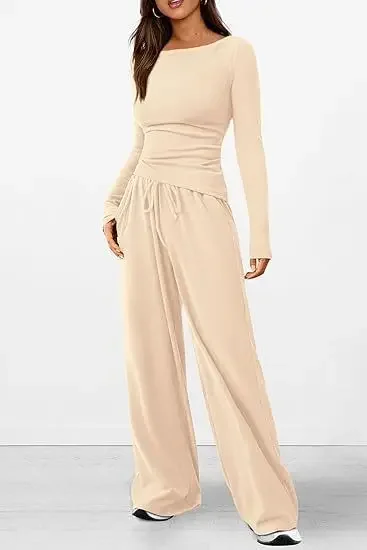 Solid Color Casual Two-piece，asymmetrical Crew Neck Slim-fit Long Sleeve T-shirt, Drawstring Wide Leg Pants,women Spring/autumn