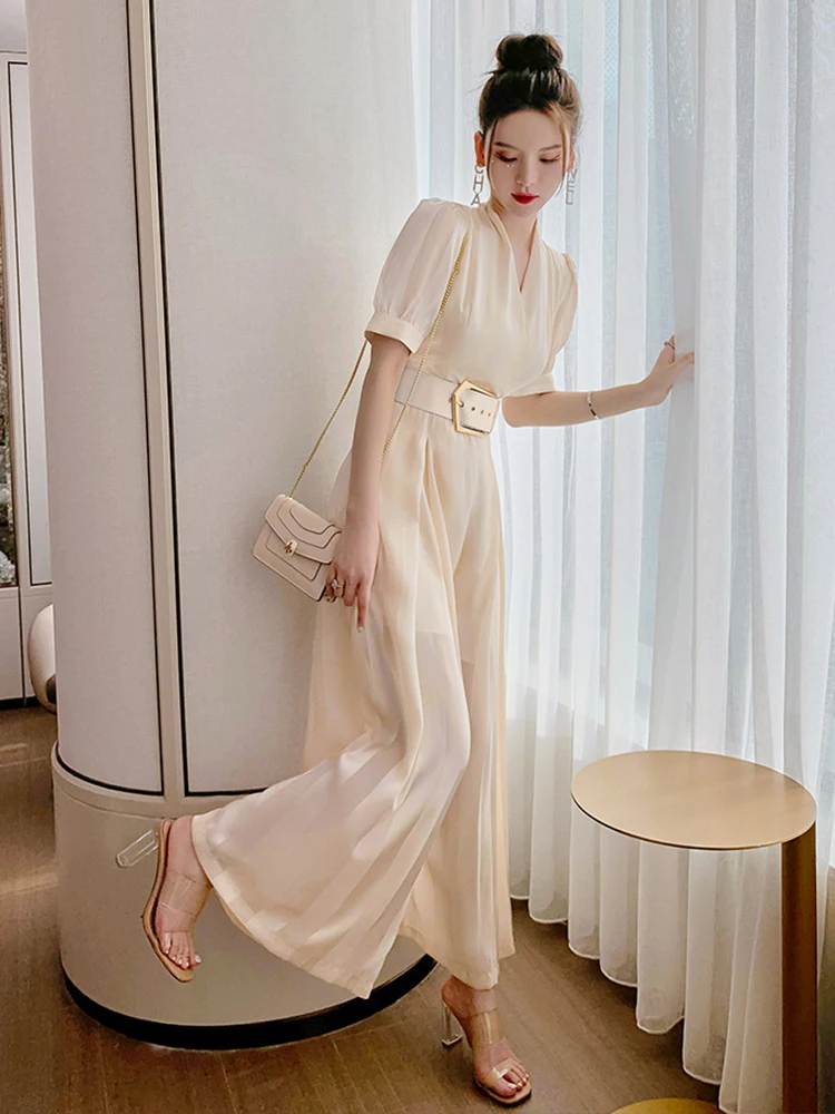 Summer Women Jumpsuit Elegant Noble Professional Fashion Striped V-neck Adjustable Waist Long Wide Leg Rompers Office OL Street