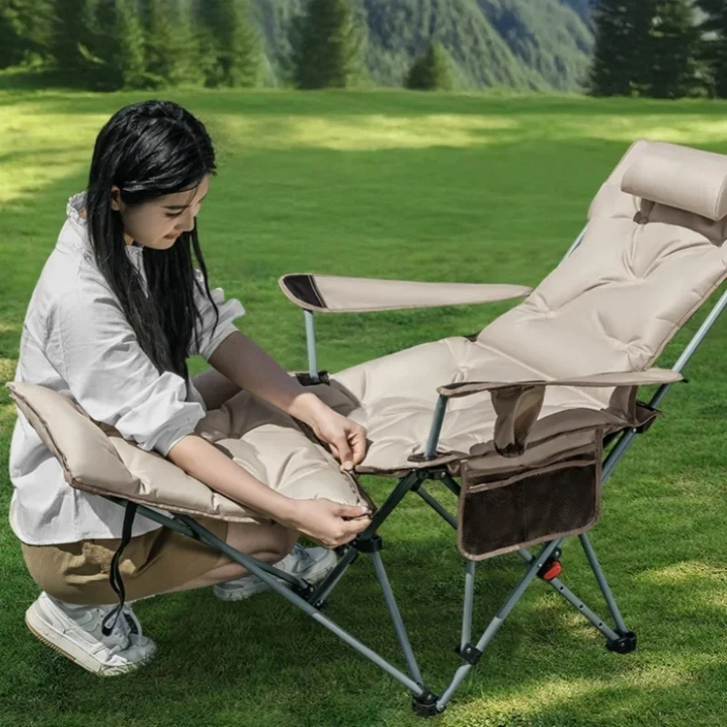 Adjustable Backrest Folding Recliner Portable Camping Chair Cotton-Filled Seat for Travel Beach Fishing Outdoor Use