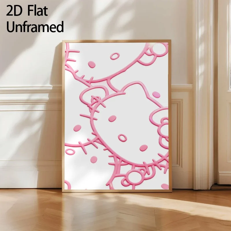 2027 2DFlat, , 1pc Unframed  Cute Hello Kitty Pattern Posters And Prints, Soft Pink Layered Cartoon Design Canvas Painting Wa