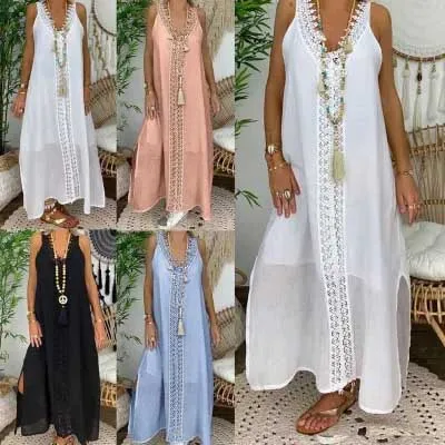 Summer Women's Collar Lace Stitched Split Beach Dress H-Line Cotton Linen Blend Sleeveless Midi Dress for Commuting And Beach...