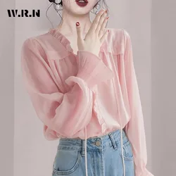 2024 Summer Sweet Round Neck Elegant Solid Pink Long Sleeve Shirt Women Causal Chic Soft Blouses Lace-up Chiffon Tees Top