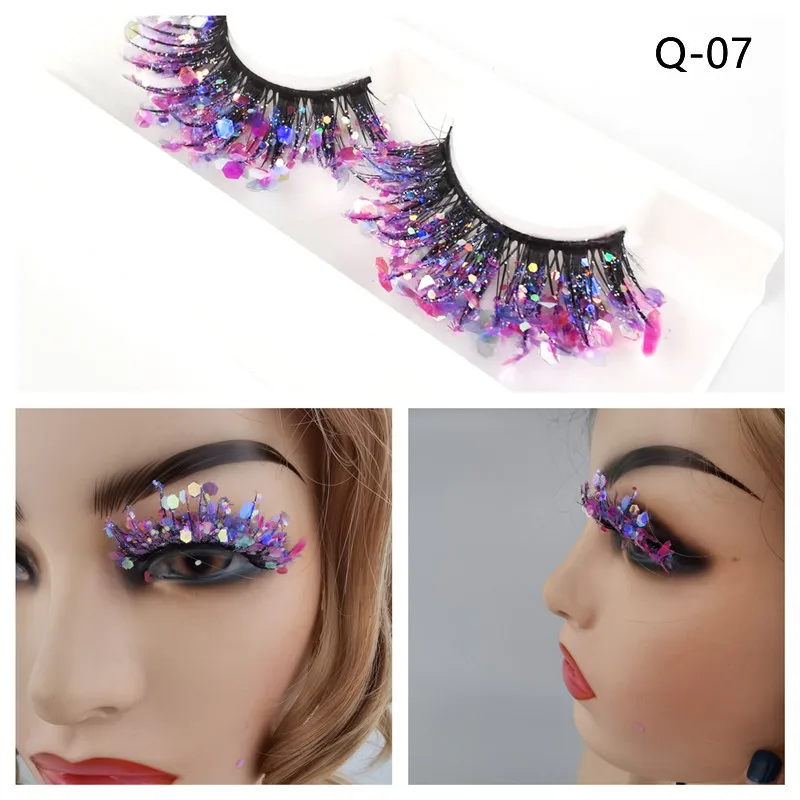 Unique Shining Colored Eyelashes Gold Pink Green Glitter Colorful False Eye Lashes Dramatic Halloween Party Rainbow Cilias