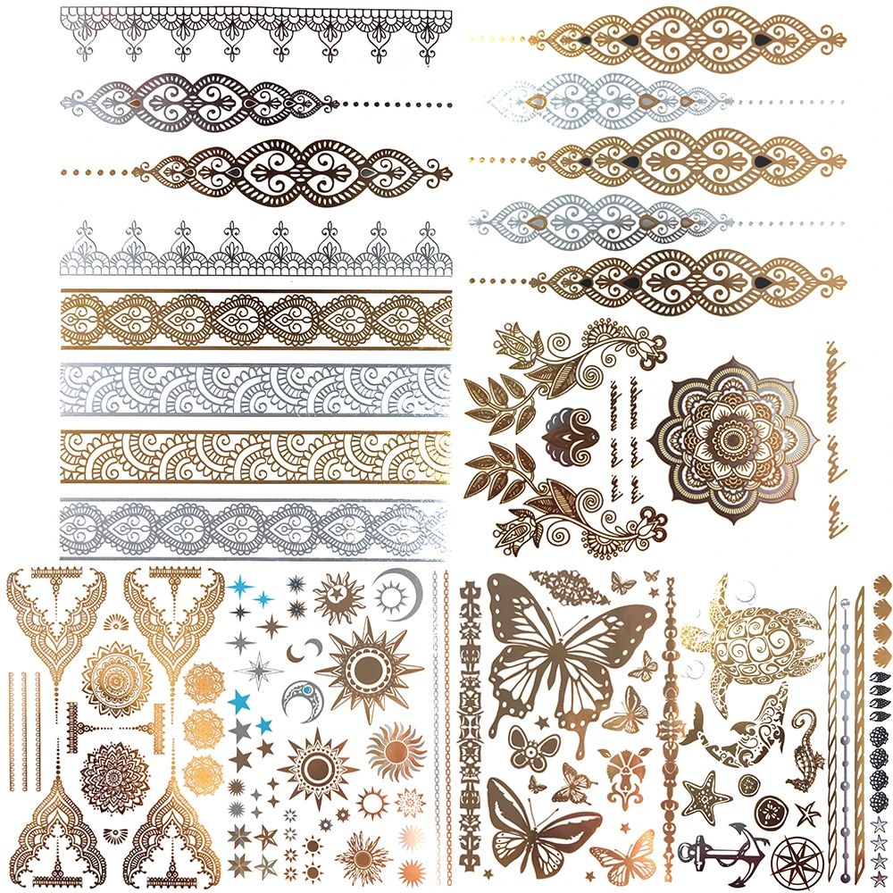 Sexy Golden Lace Mandala Temporary Tattoos For Women Adult Sun Butterfly Moon False Tattoo Arm Chest Body Art Waterproof Tatoos