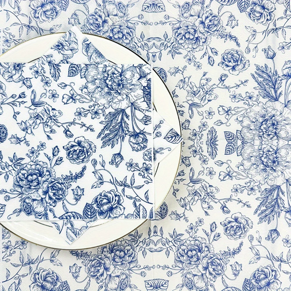 Floral Cocktail Beverage Napkins Blue & White Disposable Paper Spring Flowers Dessert Napkin for Wedding Holiday Birthday Party - view 5