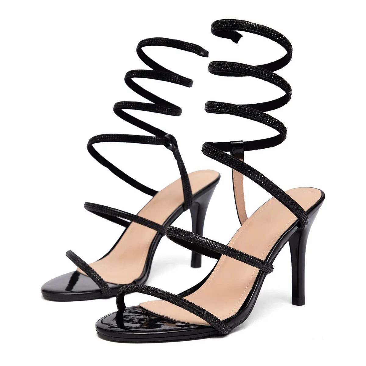 Snake-Print Wraparound Strap Fine Heel Sandals Women's Summer Ringed Toe-Band Diamond-Encrusted Roman Style Themed Boots
