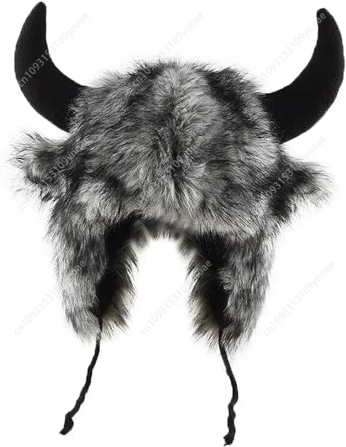Cute Animal Horns Ears Winter Cap Plush Fur Warm Trapper Hat Man Women Viking Christmas Costume Gift Snow Ski Hats Outdoor Caps