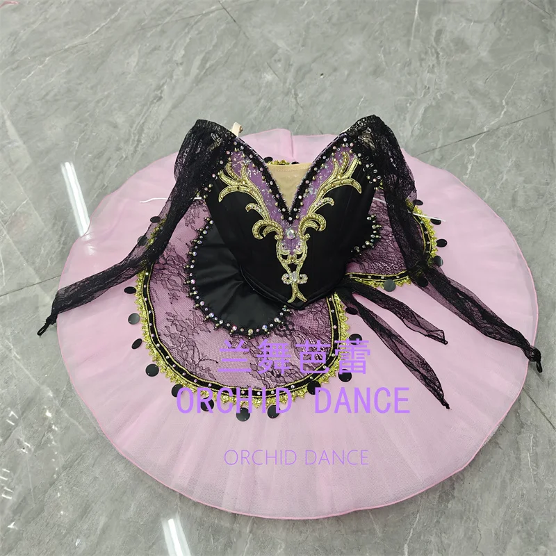 Women lace ribbon pointed V neck ballet tutu performance dress purple rhinestone gilded scroll embroidery black pink contrast se