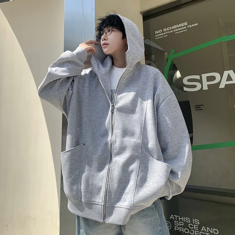 FEWQ Autumn Hooded Solid Color Zipper Casual Hoodie Simple Loose 2024 Solid Color Long Sleeve With Hat Male Tops 24E2567