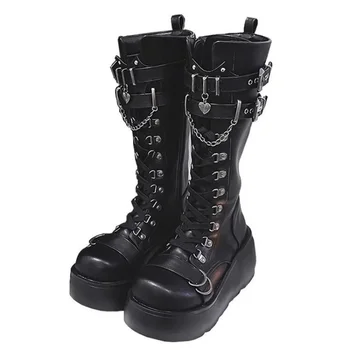 Women Motorcycle Boots Platform Boots Wedges Knee High Black Lace Up Fashion Gothic Gothic Boots Punk Shoes Girls Winter 2023