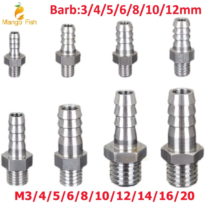 304 Stainless Steel Pagoda Connector 3/4/6/8/10/12mm Hose Barb Thread M3/4/5/6/8/10/12 Metric System PC Male Brass Pipe Fittings