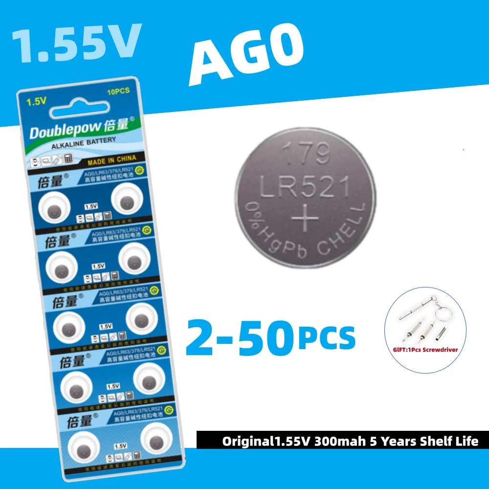 2-50PCS Doublepow 1.55V LR521 Button Batteries For Watch Toys Remote SR521SW 379  D379 GP379 SR521 379A Cell Coin Alkaline Batte