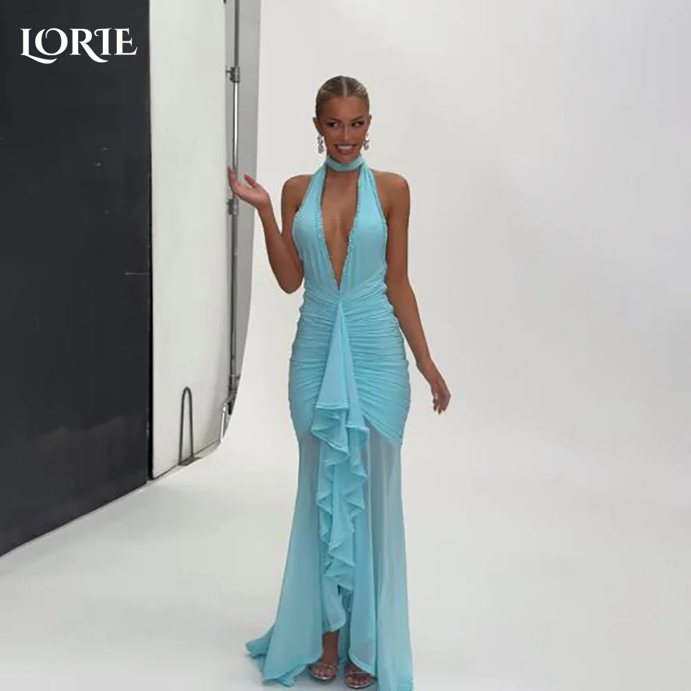 

LORIE Modest Crepe Evening Dresses Elegant Halter Deep V Neck Pleats Mermaid Arabia Prom Gown Ruffle Party Dresses Customized