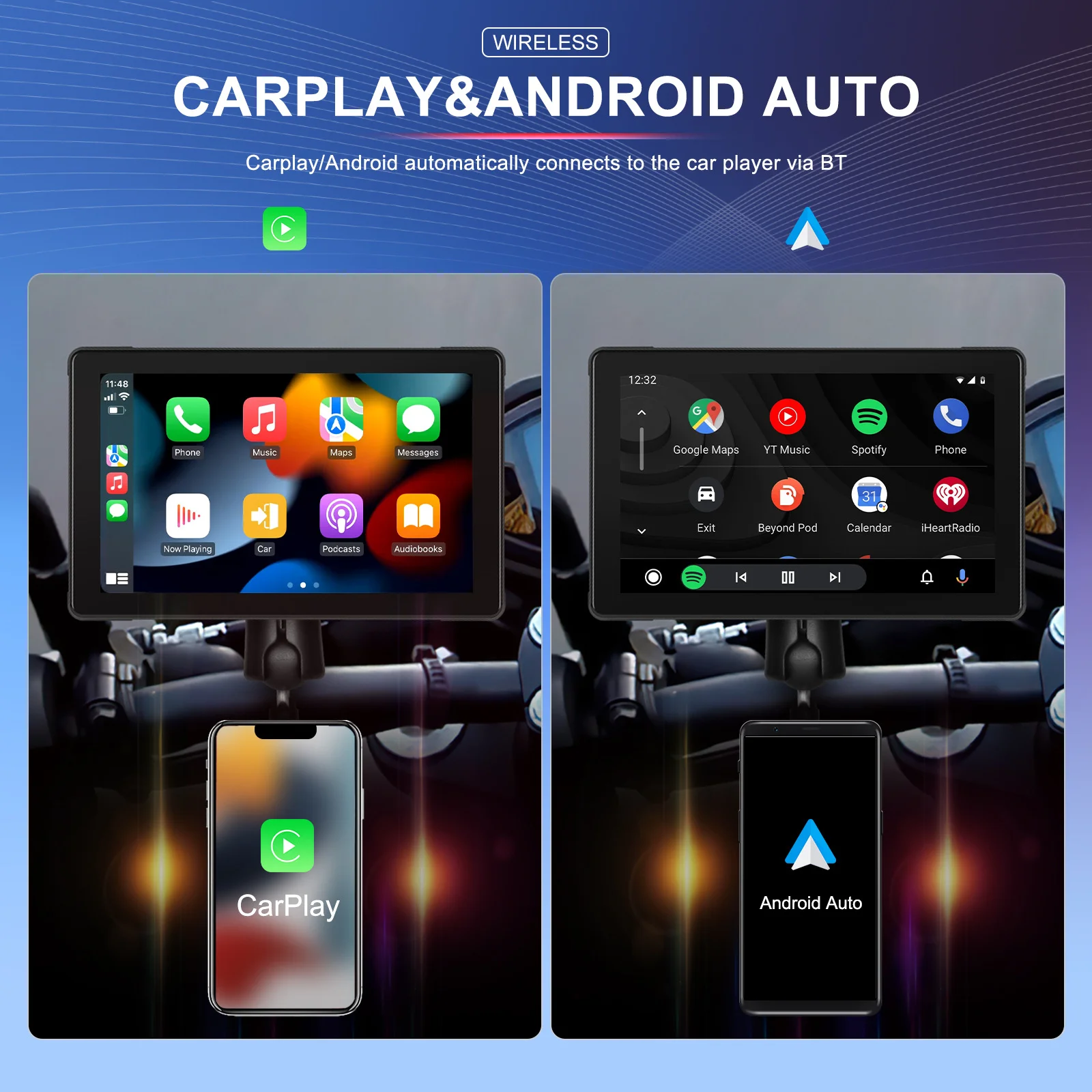 7inch Motorcycle Wireless Carplay/Android Auto Display Screen Portable Dual BT 1000nit Outdoor Motorcycle GPS Navigation Monitor