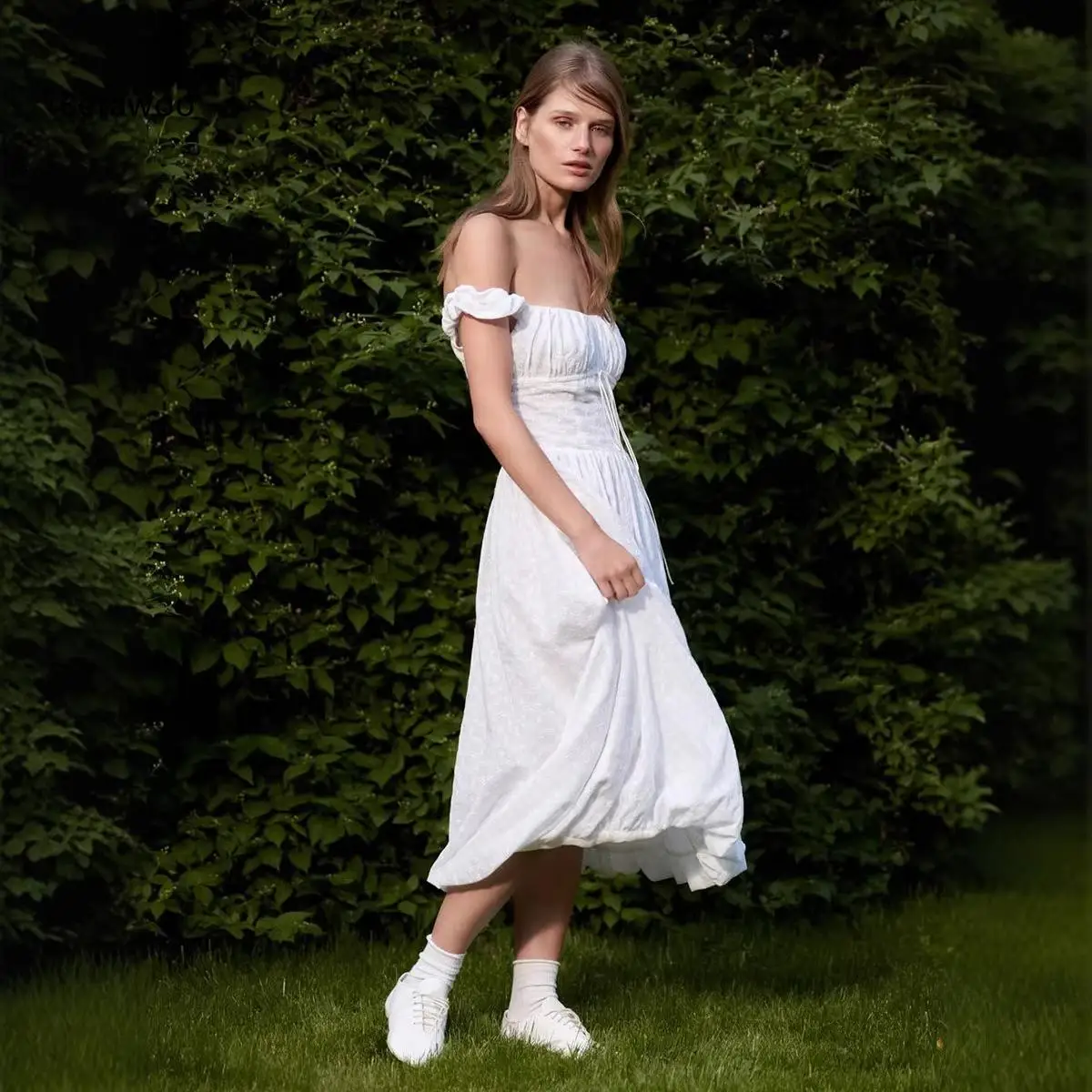 Women's White Off Shoulder Ruffle Trim Tie Front Textured Midi Dress