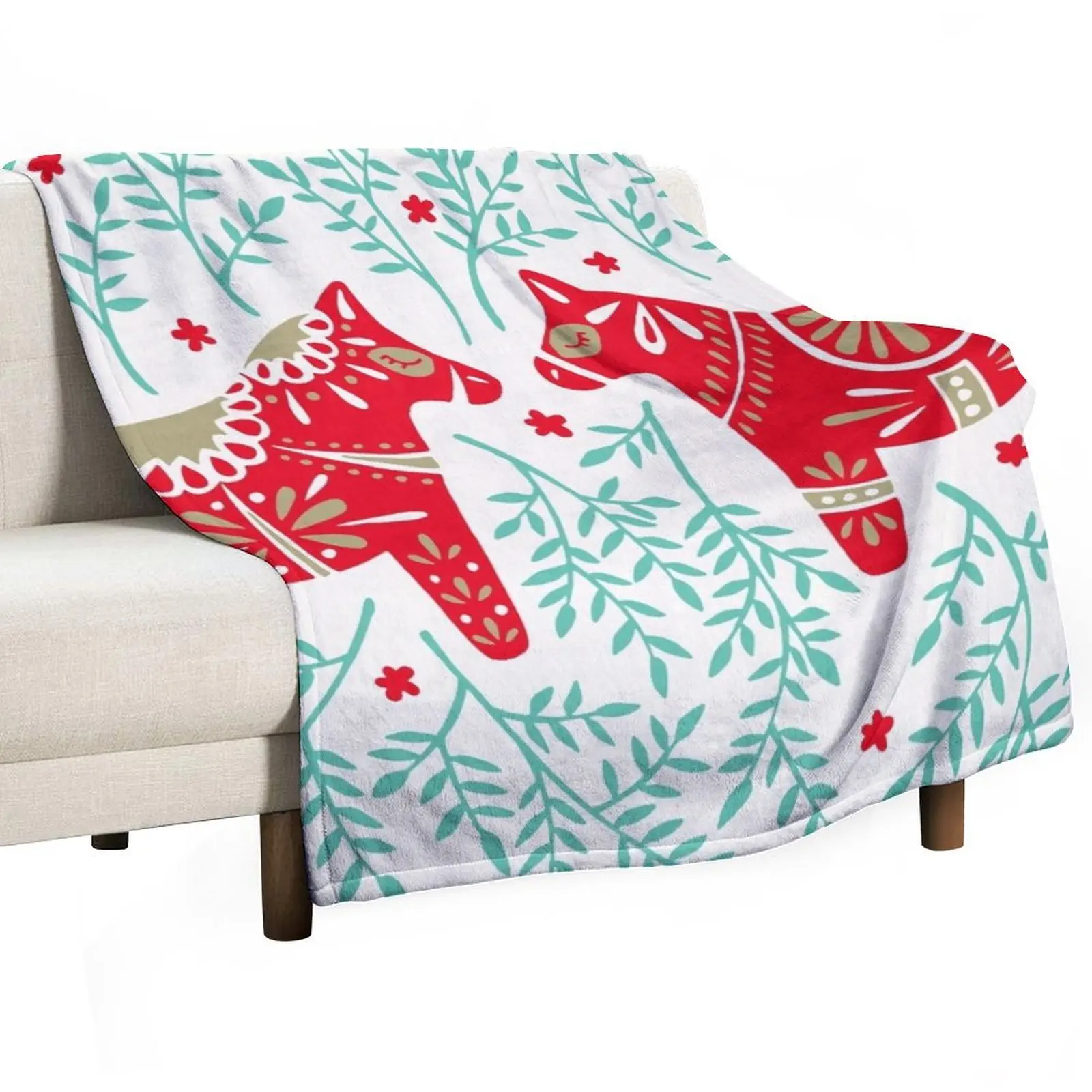 Swedish Dala Horses – Red & Mint Palette Throw Blanket Cute Plaid Soft Loose Blankets