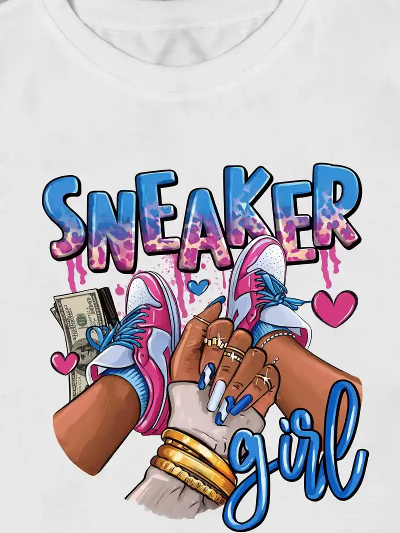 Sneaker Girl wydruk graficzny t-Shirt z krótkim rękawem Top z okrągłym wycięciem na szyi damska odzież koszula damska koszulka Kawaii