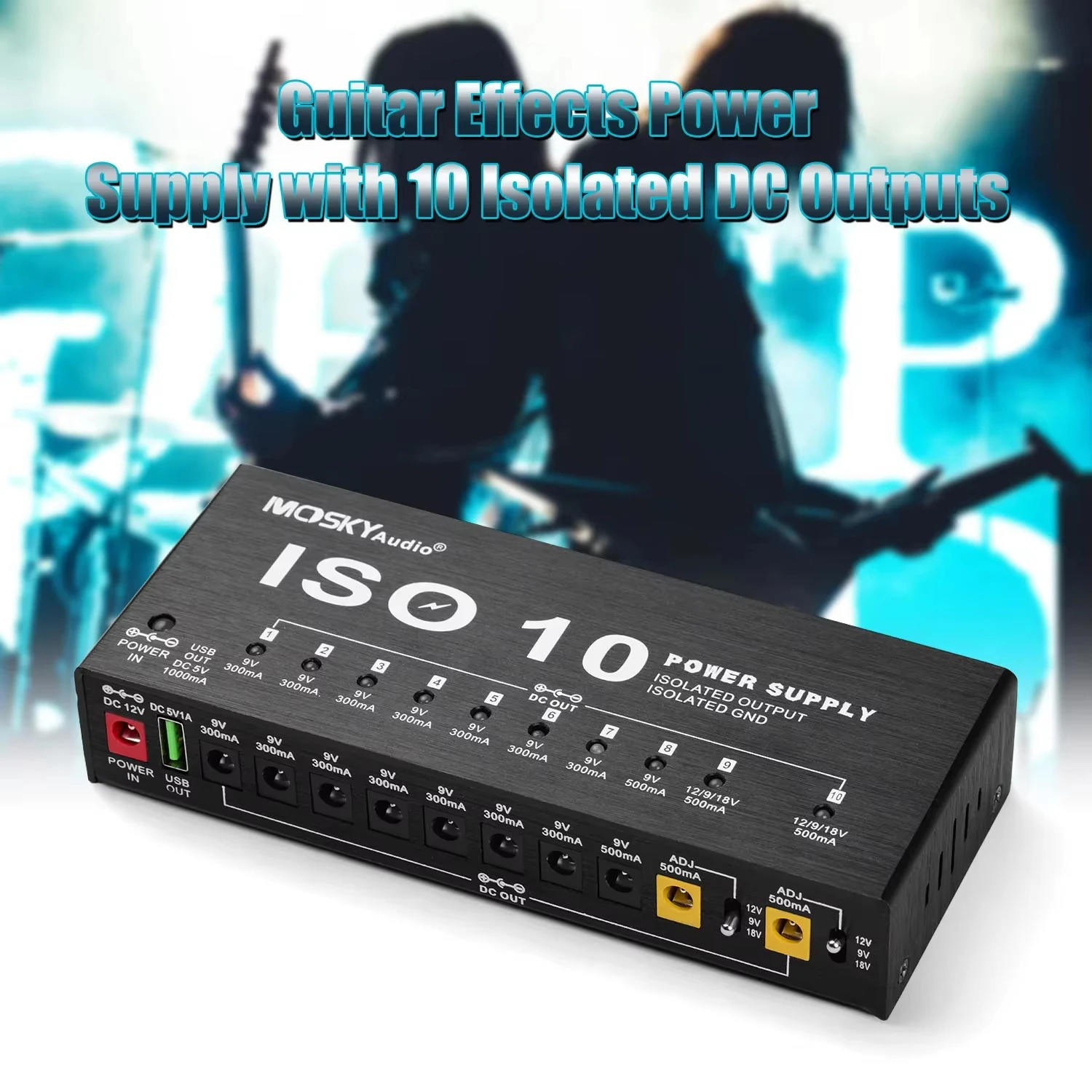 Moskyaudio Iso10 Isolation Power Supply 10 Isolated Dc Outputs 9V 12V 18V Adjustable Voltage Built-In 5V USB Port for Guitar Pedalboard