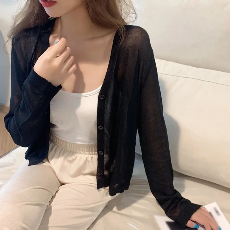 Women Knitted Cardigan Summer Thin Sunscreen Knit Top V-Neck Button Casual Long-Sleeved Cardigan Shirt Breathable Short Coat