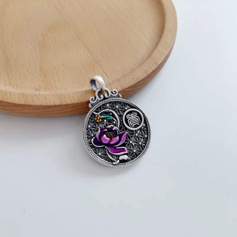 Archaic Rhyme Purple Lotus Flower Pendant 925 Silver Vintage Palace Style Enamel Round Necklace New in Clavicle Chain Jewelry