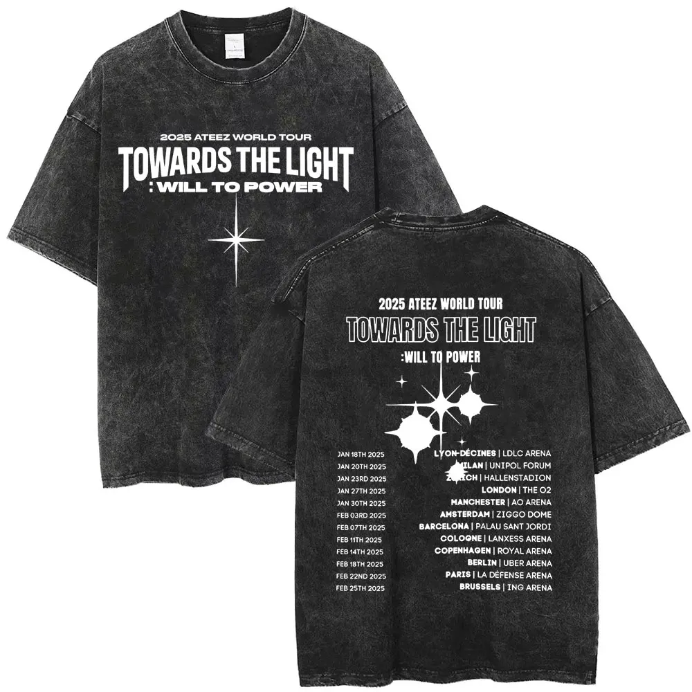 Washed Vintage Men Women Korean Kpop ATEEZ THE WORLD EP FIN WILL T-shirt 2025 World Tour Towards The Light Will To Power T Shirt