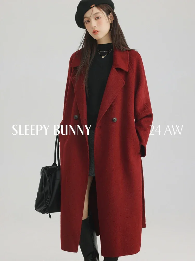 Retro Style Woolen Coat Women Winter Loose Fit Double-Sided Wool Elegant Long Overcoat High-End Minimalist Warm Outerwear 2025