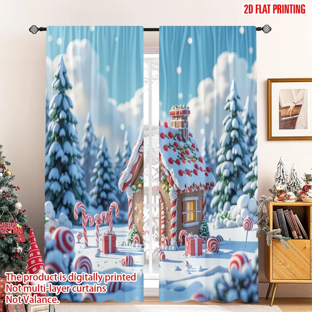 

2pcs 2D flat printing Christmas Curtain Gingerbread House Candy Winter Wonderland Polyester Without Electricity Festive Wall