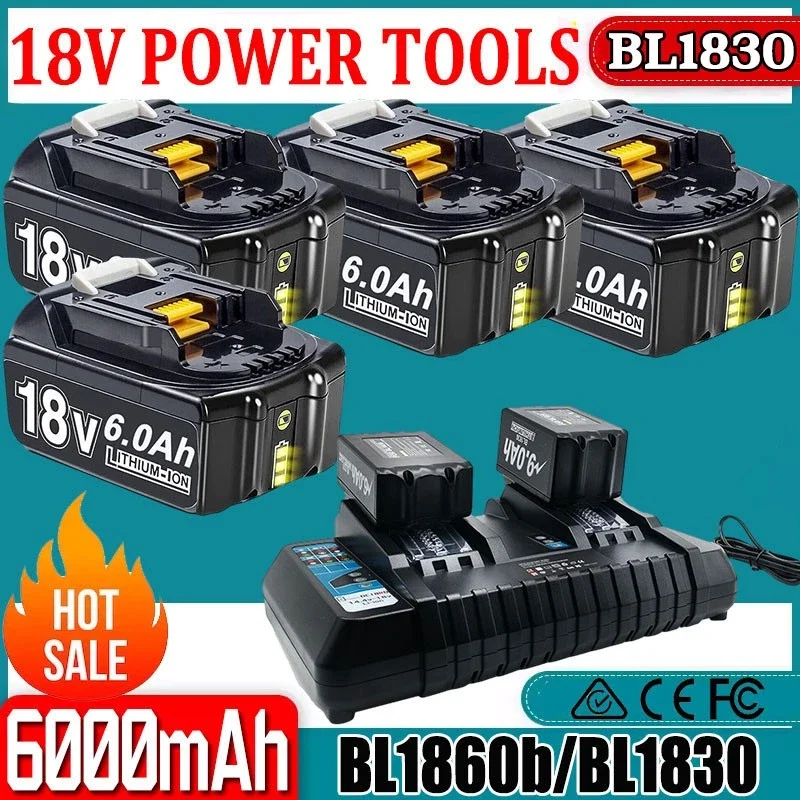 Für Makita BL1830 Akku 18V 6000mAh Ersatzakku für BL1860 BL1850 BL1840B 6,0Ah Werkzeug-Akku mit Ladegerät