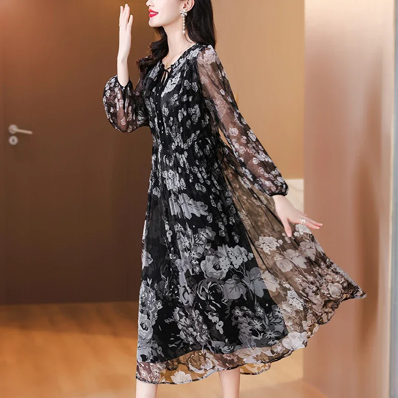 ฤดูร้อนหรูหราผ้าไหม Casual Midi ชุดสตรี Vintage Floral Elegant ชุดราตรีชุดราตรีฤดูใบไม้ผลิ Holiday Boho Hepburn Vestidos