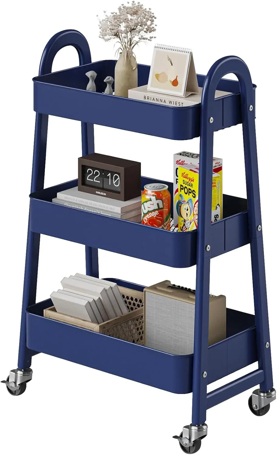 

3 Tiers Metal Rolling Utility Cart with Lockable Wheels, Mobile Storage Organizer, Utility Shelving Unit for Kitchen, Office, Bathroom, Laundry, Narrow Places, Dark Blue