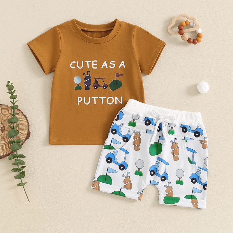 

Toddler Boys Summer Casual Outfits Letter Golf Car Print Short Sleeve T-Shirts Tops Elastic Waist Shorts 2Pcs Clothes Set