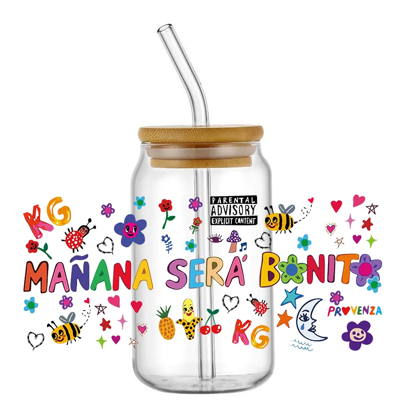 UV DTF Sticker For 16oz Libbey Glass Cup Can Manana Wrap Transfer Sticker Custom DIY Logo