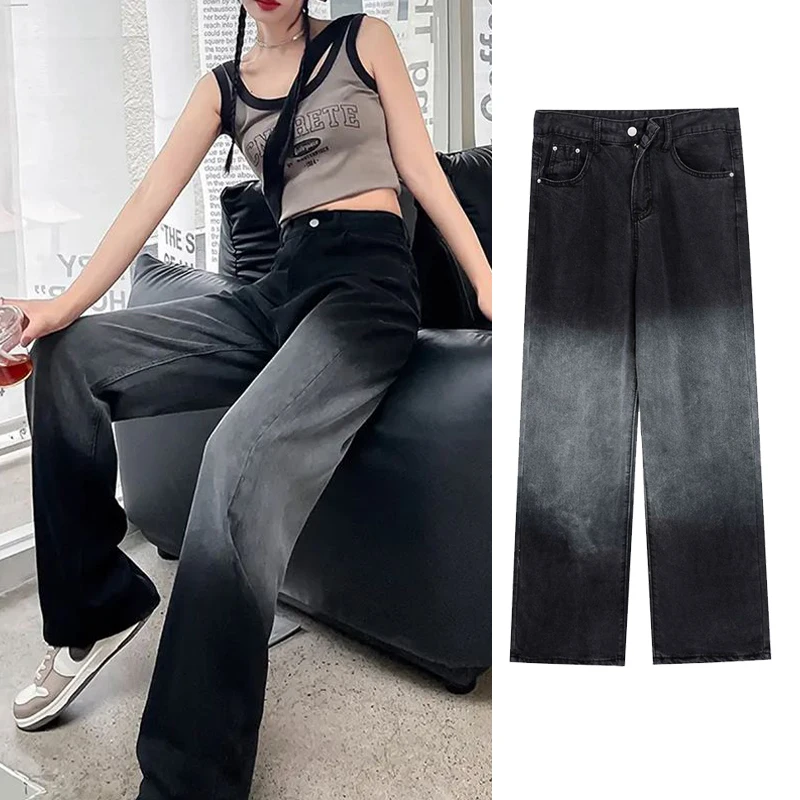 MiiiiX High-quality Gradient Wide-leg Jeans Women Pants Autumn High-waist Long Straight Denim Jeans Loose Full Length Trousers