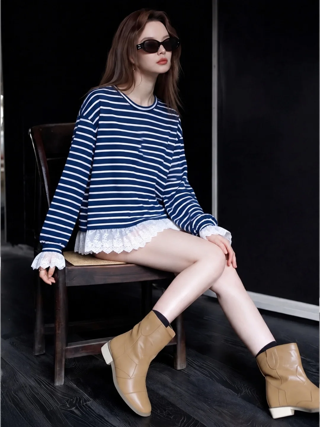 Fall Fashion Striped T-Shirt Lace Patchwork Color Block Slimming Top Korean Style Commute Loose Fit Long Sleeve round Neck