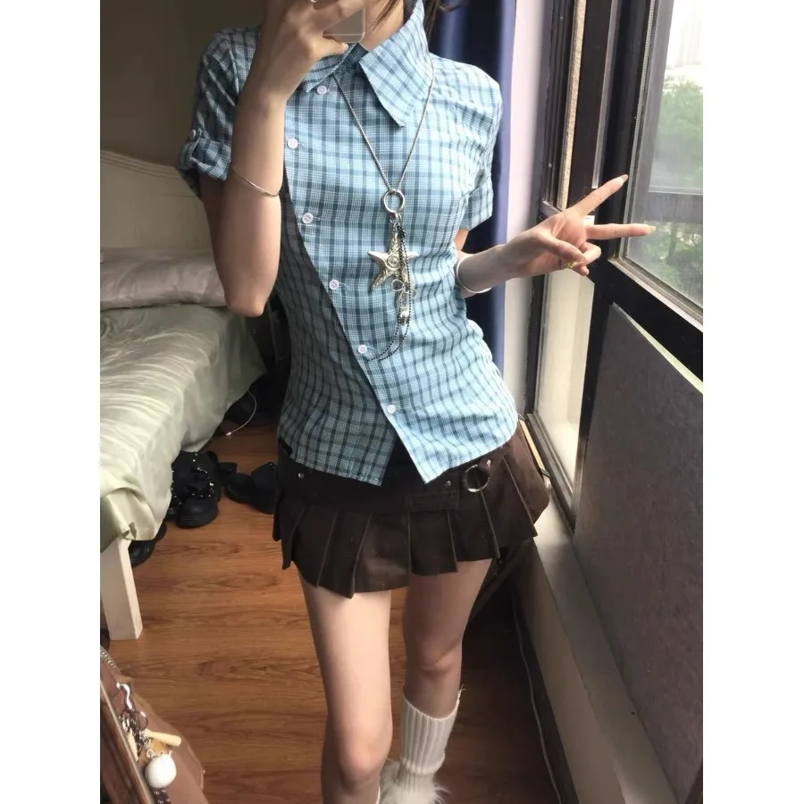Blue Plaid Short Sleeve Women's Shirt Summer Color Block Waist-Cinching Top Versatile Style Regular Sleeve Length Casual Wear