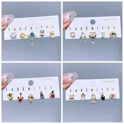 5pcs/set Mixed Design Stud Earrings for Women Girls Gold Color Cubic Zirconia Princess Gift Jewelry